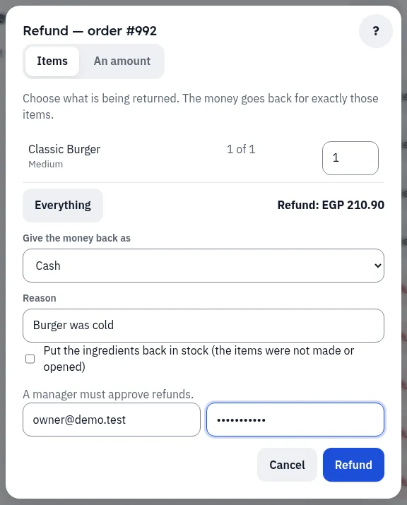 A refund of one burger, waiting for the manager's password