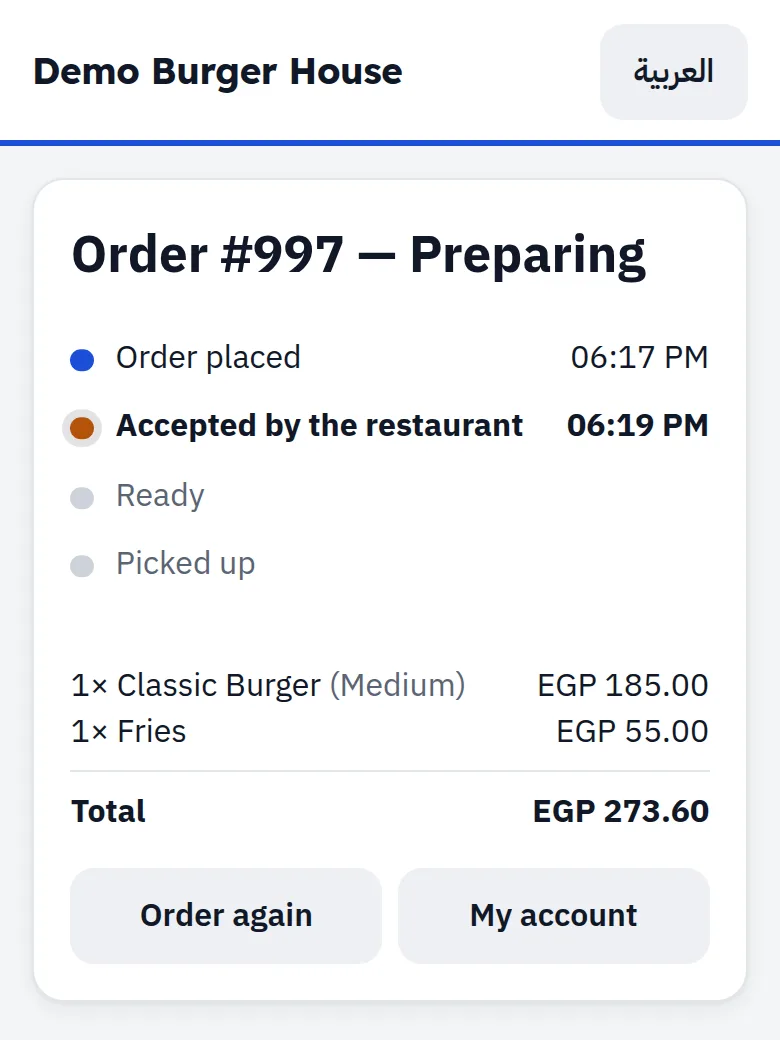 A customer's order on their phone: placed, accepted by the restaurant, now being prepared